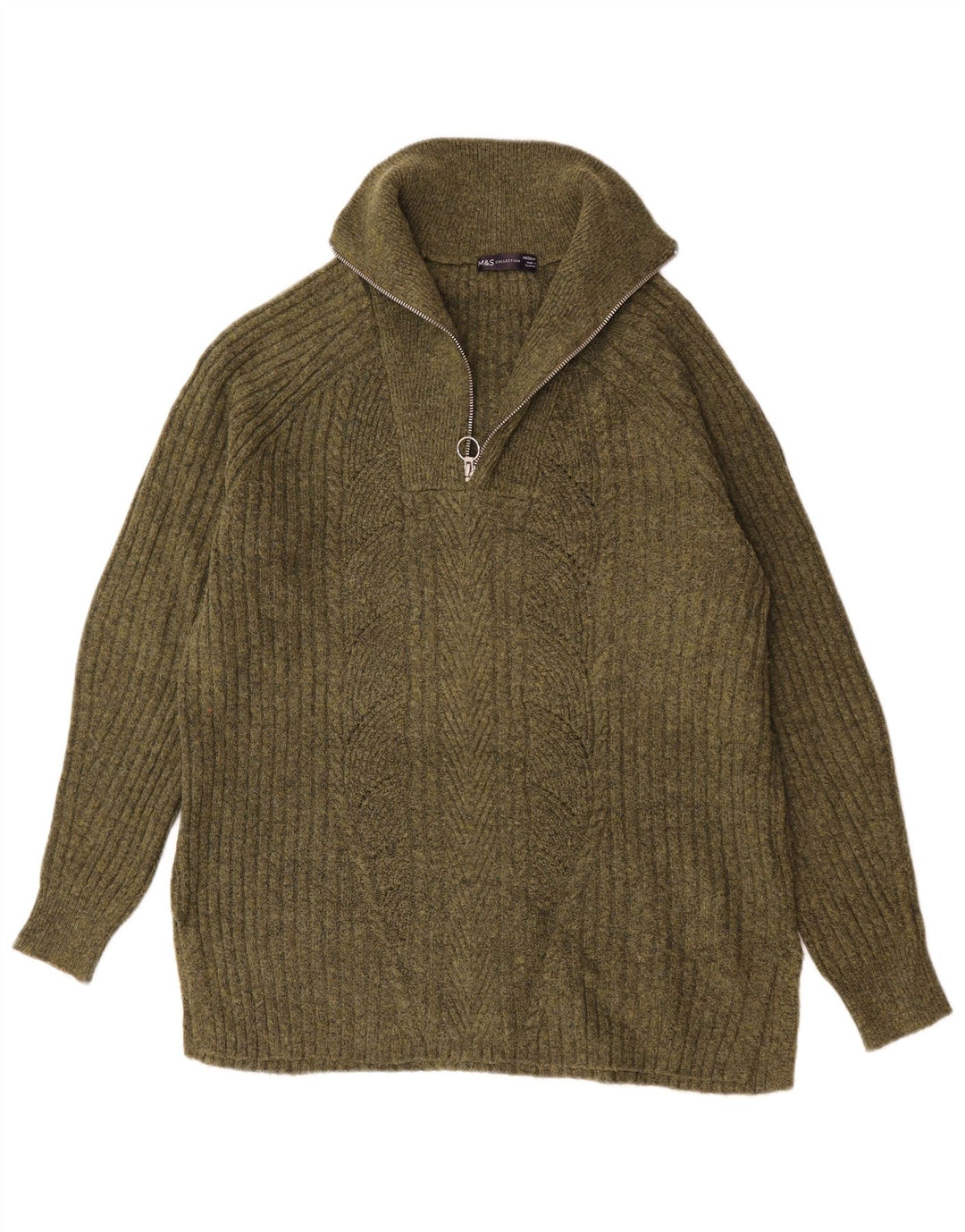 Marks & Spencer Herren-Pullover mit Reißverschluss am Hals, mittelgroßes Khaki-Acryl