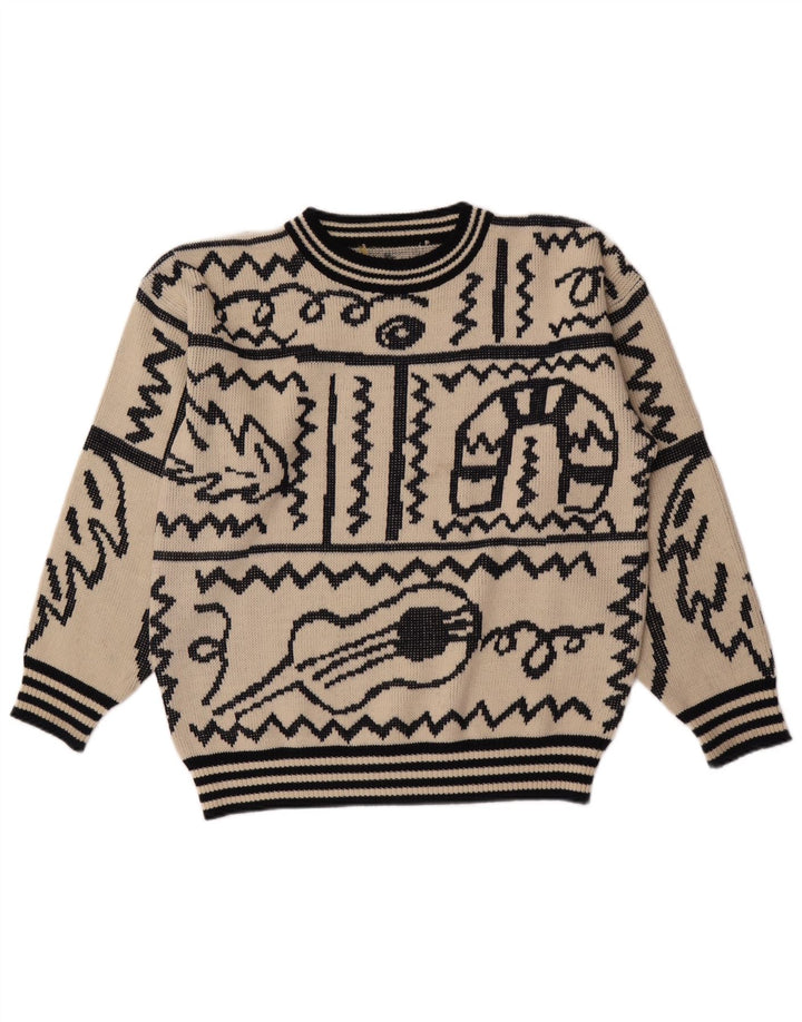 Vintage Herren Pullover mit abstraktem Muster und Rundhalsausschnitt, Größe L, Beige