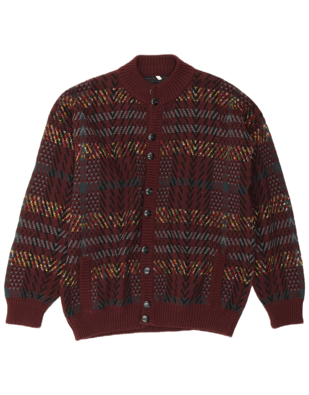 VINTAGE Herren Cardigan Pullover Großes Maroon Geometrisches Acryl