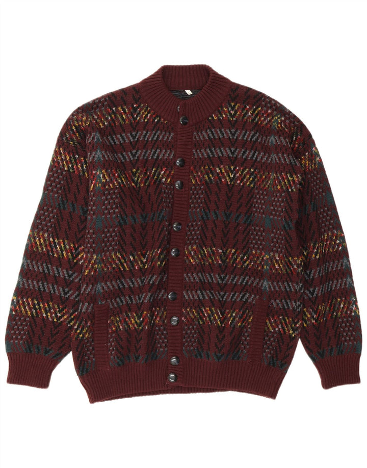 VINTAGE Herren Cardigan Pullover Großes Maroon Geometrisches Acryl