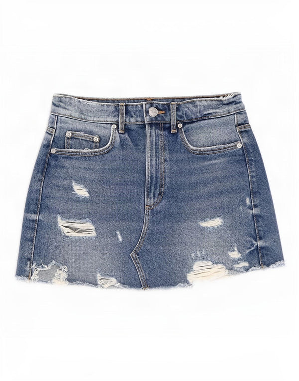 Zara Damen Distressed Mini Denim Rock XS W24 Blaue Baumwolle