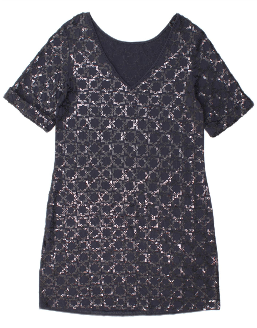 Monsoon Damen-Etuikleid mit kurzen Ärmeln, Größe M, Marineblau, geometrisch