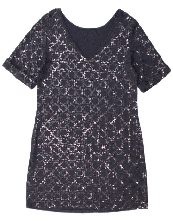Monsoon Damen-Etuikleid mit kurzen Ärmeln, Größe M, Marineblau, geometrisch
