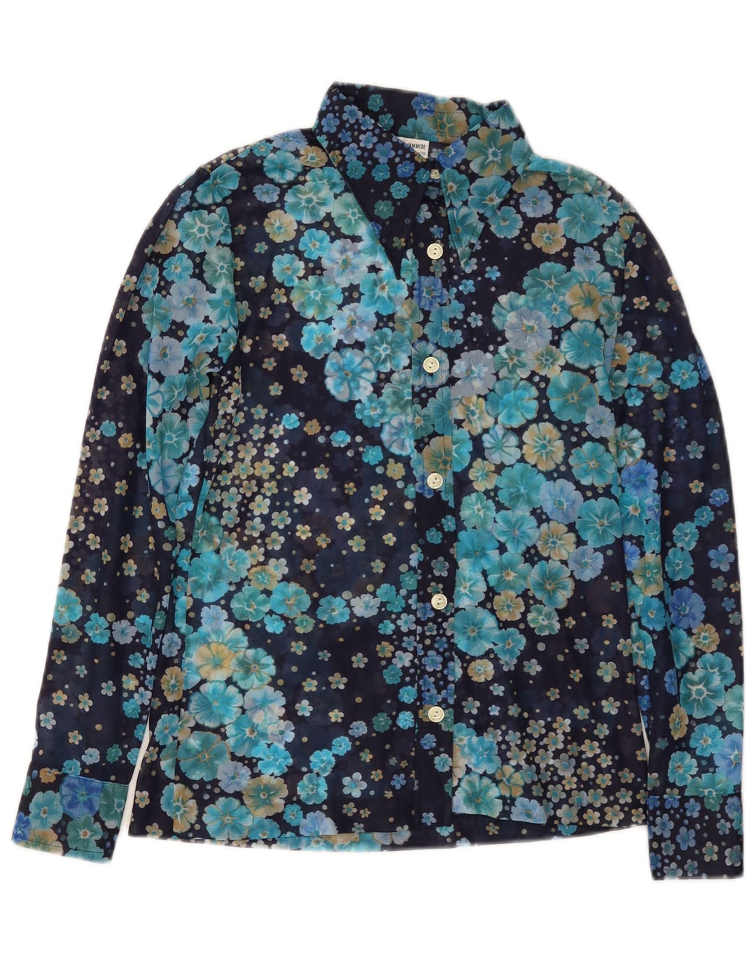 VINTAGE Damen Hemdbluse UK 10 Small Navy Blue Floral Polyamid