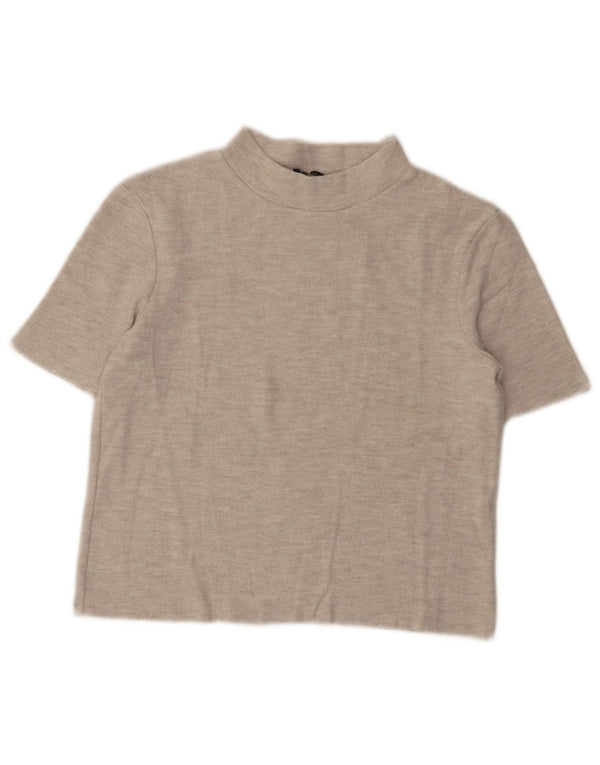 Zara Damen Crop T-Shirt Top UK 10 Small Beige gesprenkelte Baumwolle