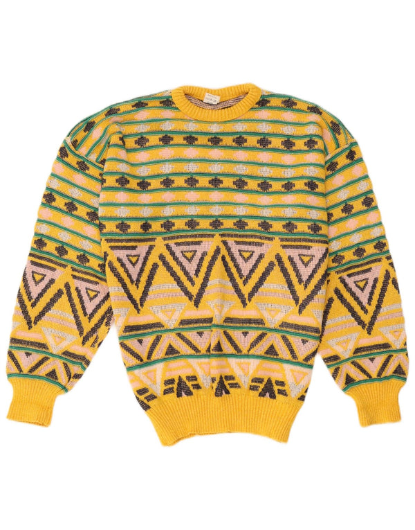 Vintage Herren-Pullover mit Rundhalsausschnitt, Mittelgelb, geometrische Baumwolle