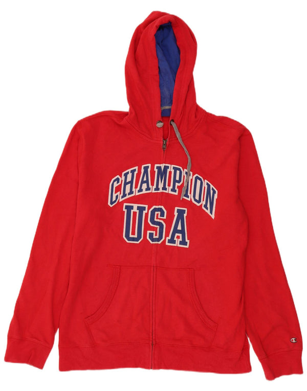 Champion Mens USA Graphic Zip Hoodie Sweater XL Red Cotton