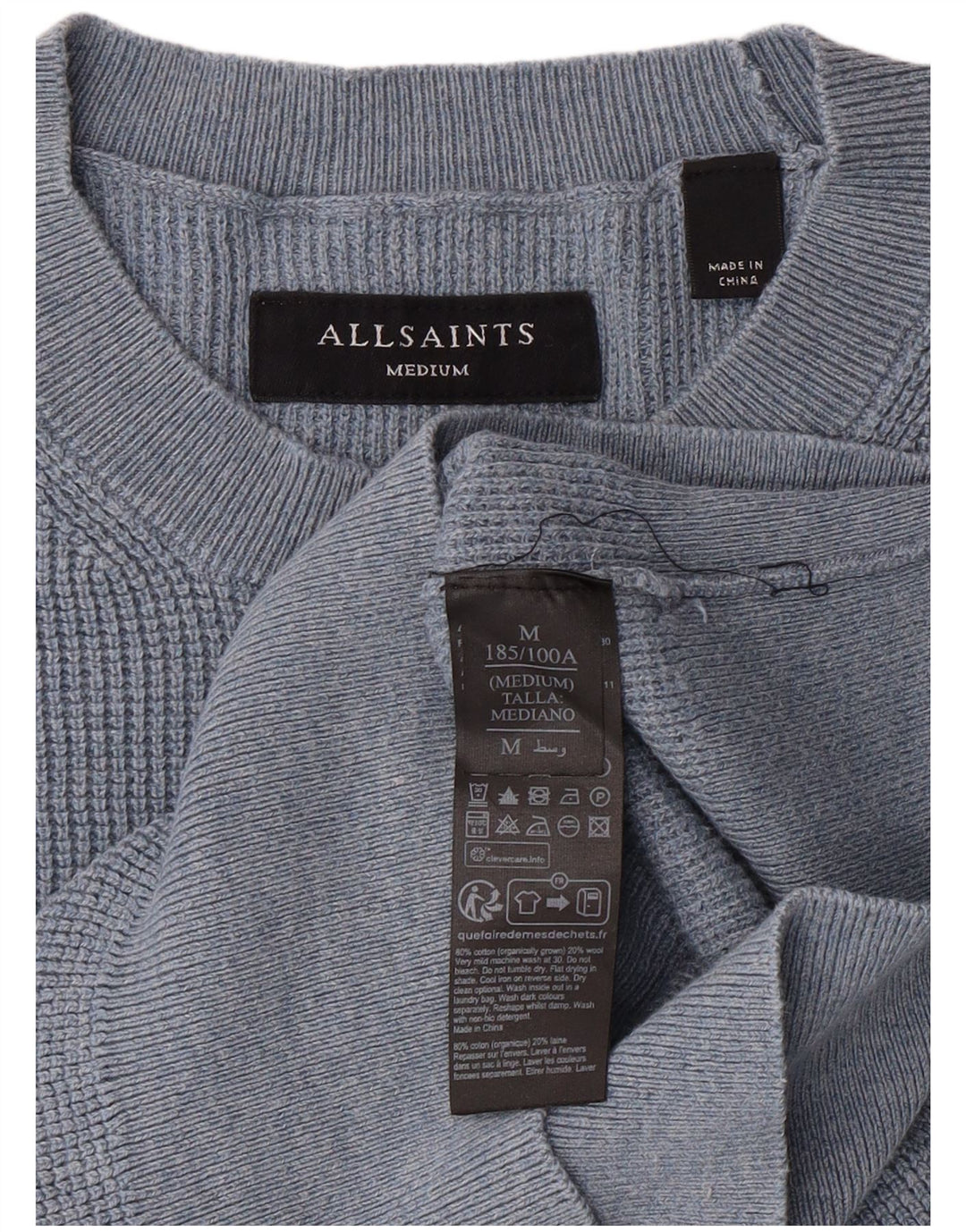 ALL SAINTS Herren-Pullover mit Rundhalsausschnitt, mittelblaue Baumwolle