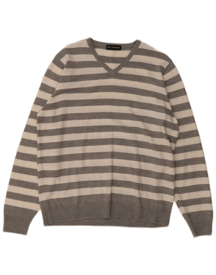 Marks & Spencer Herren Autograph Pullover mit V-Ausschnitt Mittelgrau gestreift