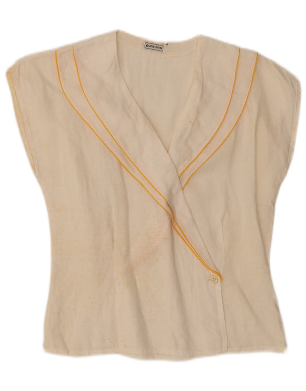 Vintage Damen Ärmellose Hemdbluse UK 10 Small Off White Leinen