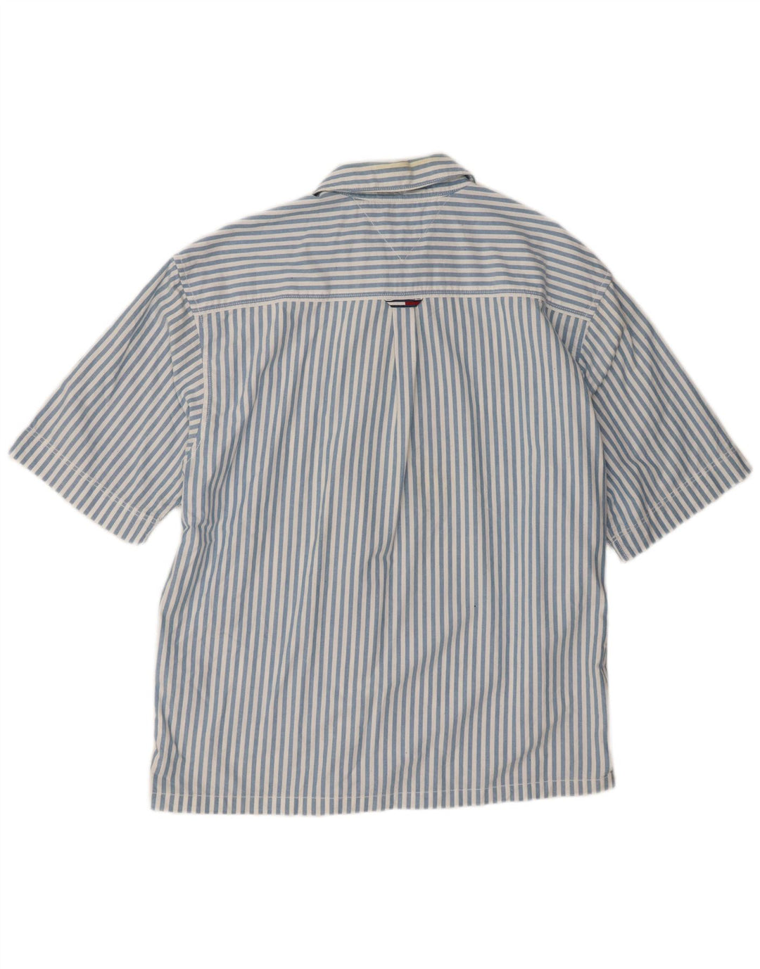 Tommy Hilfiger Herren Kurzarm-Pulloverhemd aus mittelblauer, gestreifter Baumwolle