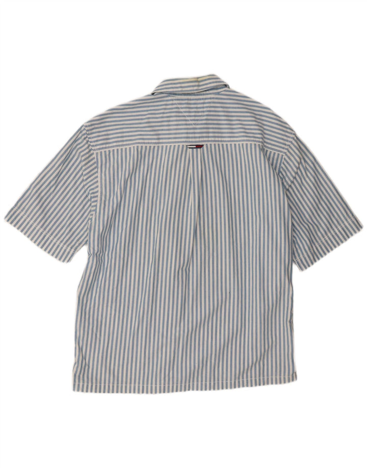 Tommy Hilfiger Herren Kurzarm-Pulloverhemd aus mittelblauer, gestreifter Baumwolle