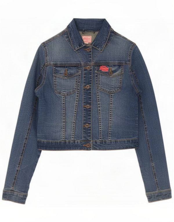 Superdry Damen Crop Denim Jacke UK 12 Mittelblaue Baumwolle
