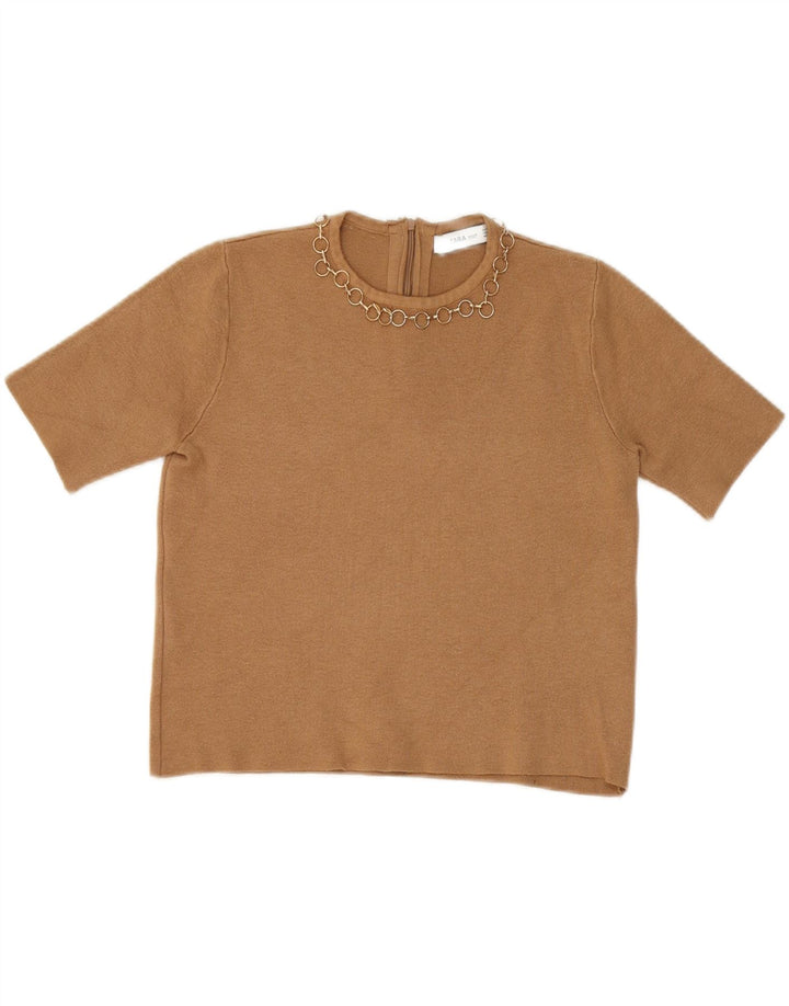 ZARA Womens Oversized Crop Crew Neck Jumper Sweater UK 10 Small Brown Vintage Zara and Second-Hand Zara from Messina Hembry 