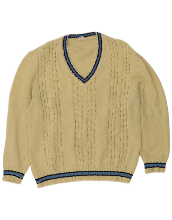 Vintage Herren Pullover mit V-Ausschnitt, groß, gelb gestreift, Acryl