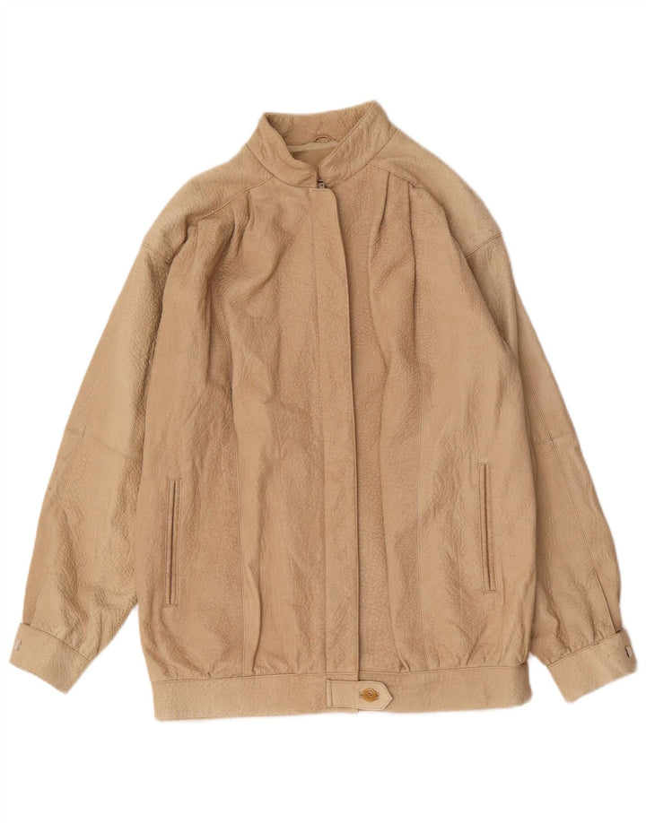 Vintage Damen Übergroße Lederjacke EU 36 Kleiner beigefarbener Tierdruck