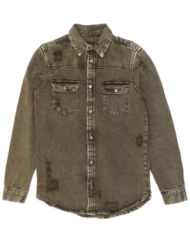 Zara Herren Jeanshemd im Used-Look, entspannte Passform, kleine Khaki-Baumwolle