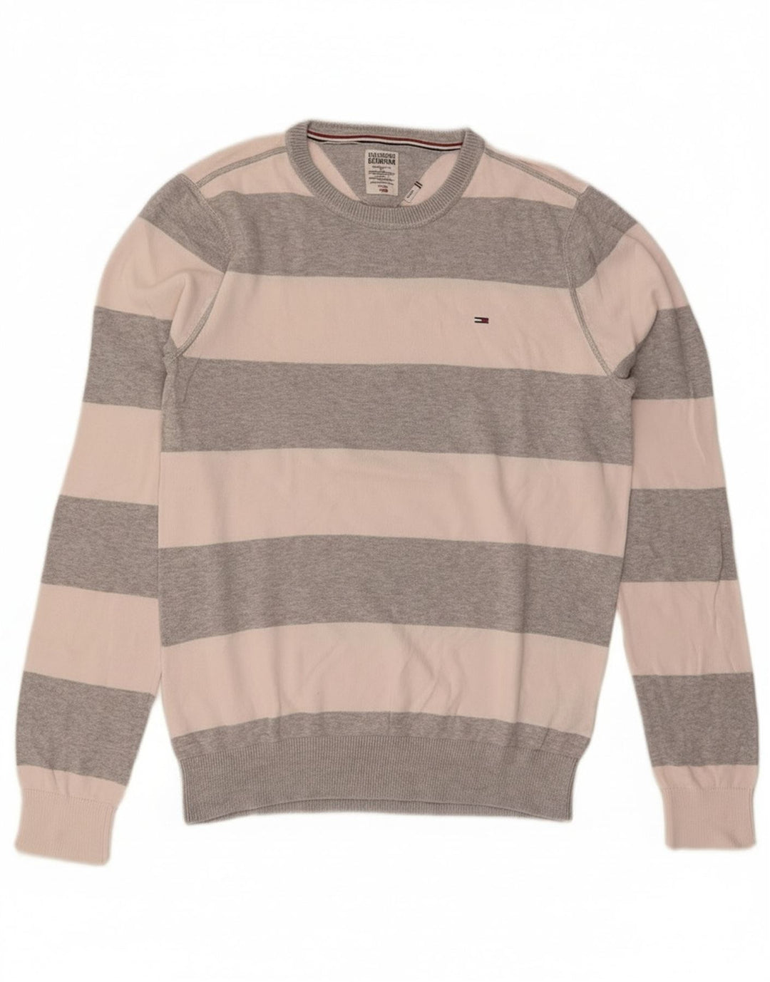 Tommy Hilfiger Herren-Pullover mit Rundhalsausschnitt, mittelgrau, gestreift, Baumwolle