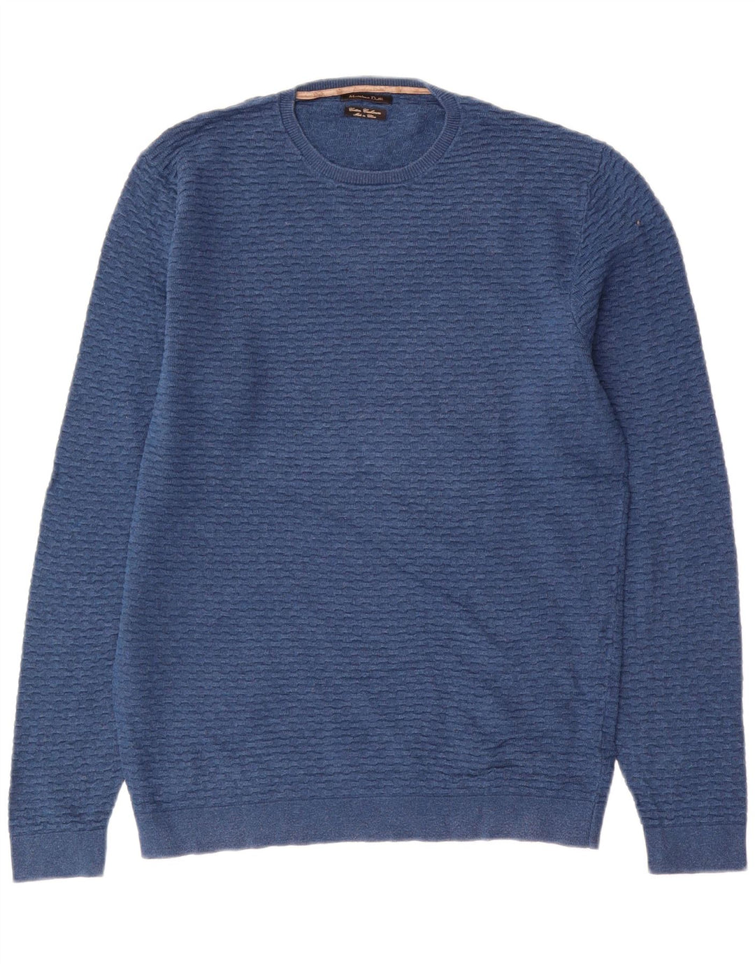 Massimo Dutti Herren-Pullover mit Rundhalsausschnitt, mittelblaue Baumwolle