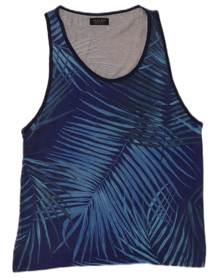 Zara Herren Grafik-Weste-Top aus mittelblauer, geblümter Baumwolle