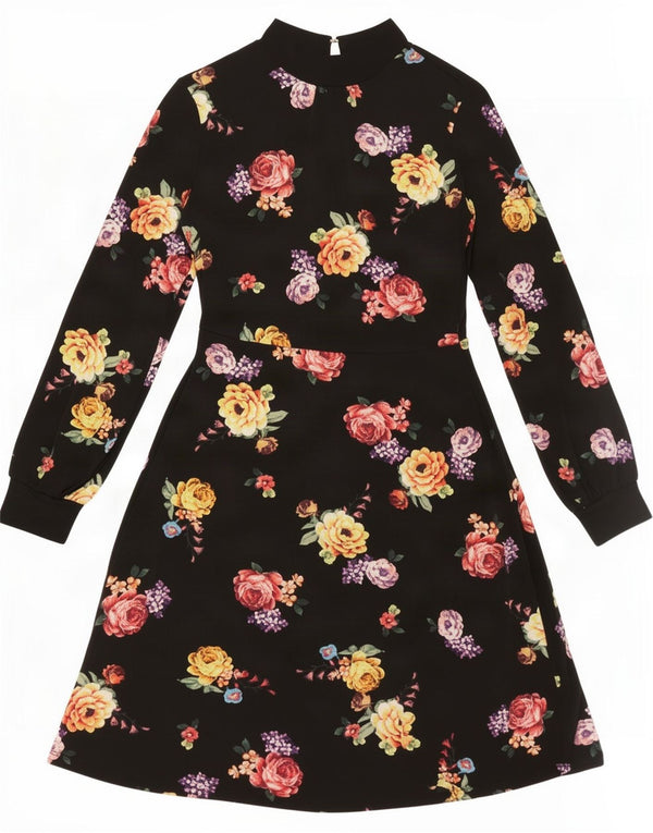 Oasis Damen-Langarm-A-Linien-Kleid, UK-Größe 44, Mittelschwarz, Blumenmuster, Polyester