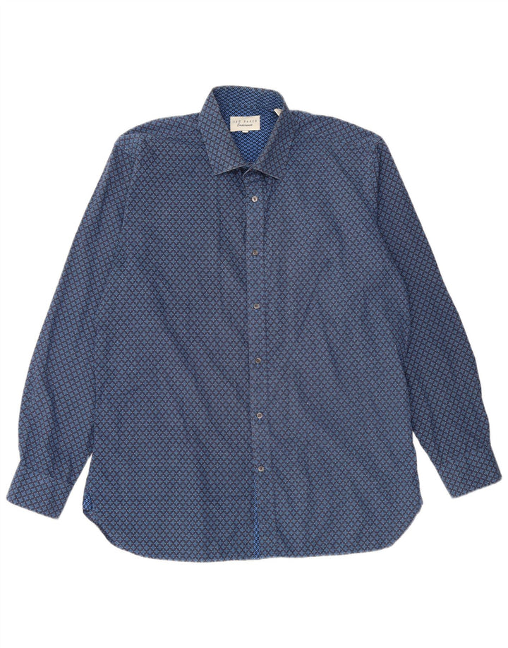Ted Baker Herrenhemd, Größe 16 1/2, groß, blaue geometrische Baumwolle