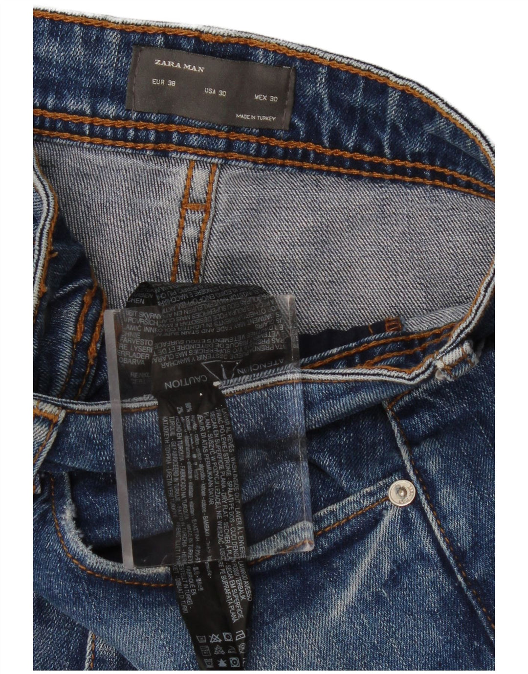 ZARA Herren-Jeans im Used-Look, kurz geschnitten, EU 38, Größe S, W30, L26, Blau, Baumwolle