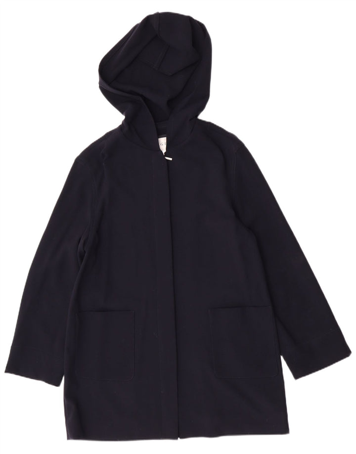Jaeger Womens Hooded Overcoat UK 10 Small Marineblaue Schurwolle