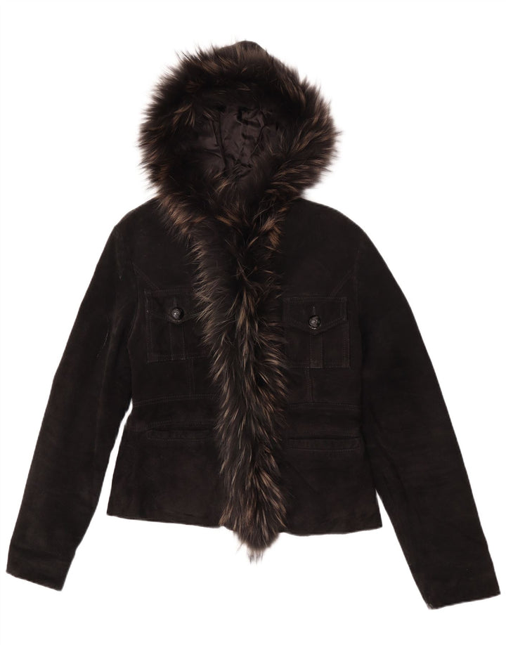 Vintage Damen Wildlederjacke mit Kapuze, UK 14, großes schwarzes Leder