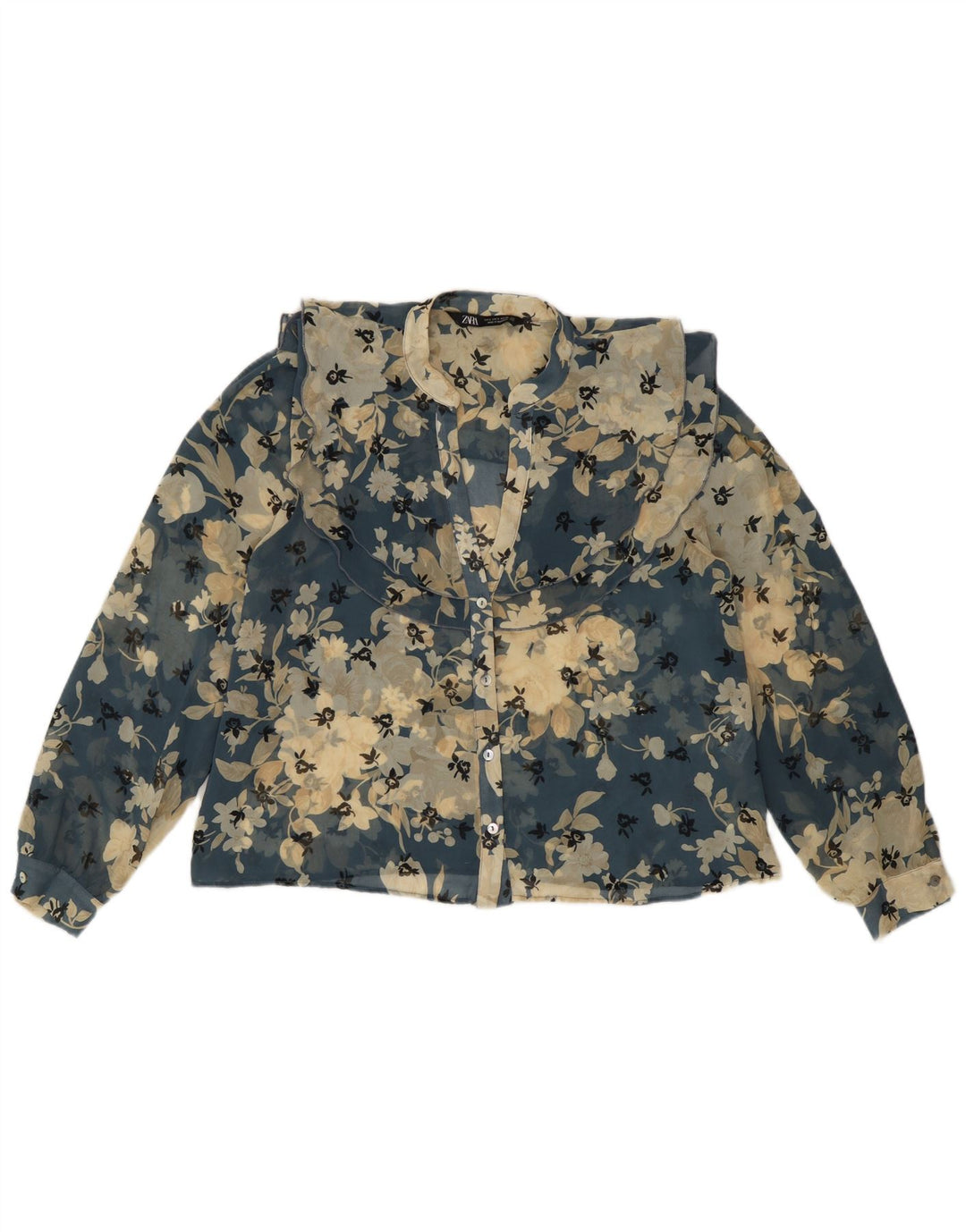 Durchsichtige Damen-Hemdbluse von Zara, Größe S, blau, geblümt, Polyester