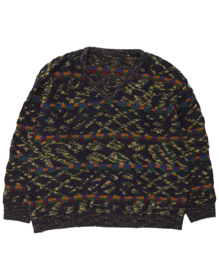 Vintage Herren V-Ausschnitt Pullover Pullover XL Mehrfarbige geometrische Wolle