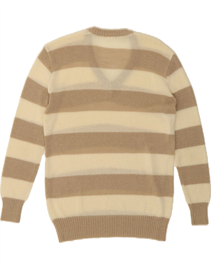 VINTAGE Mens V-Neck Jumper Sweater Medium Beige Striped Acrylic Vintage Vintage and Second-Hand Vintage from Messina Hembry 