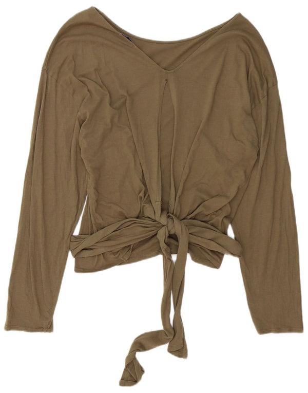 Zara Damen Crop Langarmbluse Top UK 16 Large Khaki Baumwolle