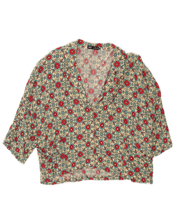 Zara Damen-Oversize-Kurzarm-Hemdbluse, Gr. 10, klein, beige, geblümt