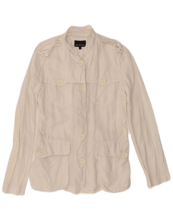 Calvin Klein Jeans Damen Militärjacke UK 10 Small Weißes Leinen