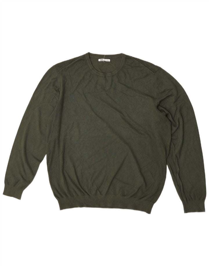 Zara Herren-Pullover mit Rundhalsausschnitt, groß, Khaki, Viskose