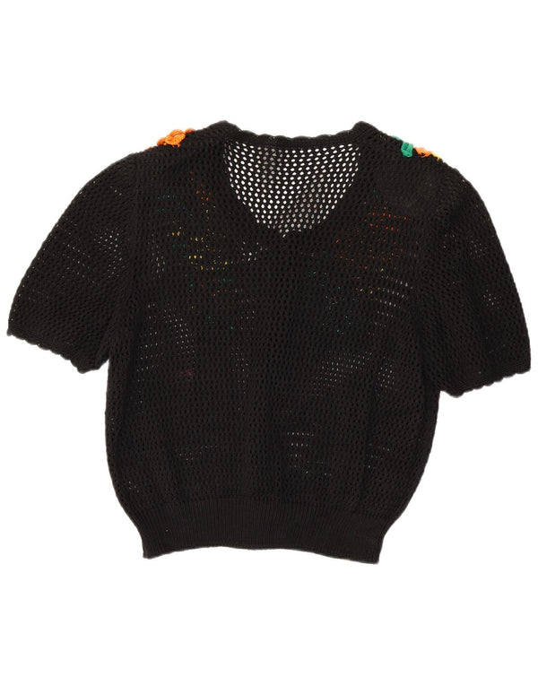 Vintage Damen Kurzarm-Cardigan-Pullover UK 14 Mittelschwarz geblümt