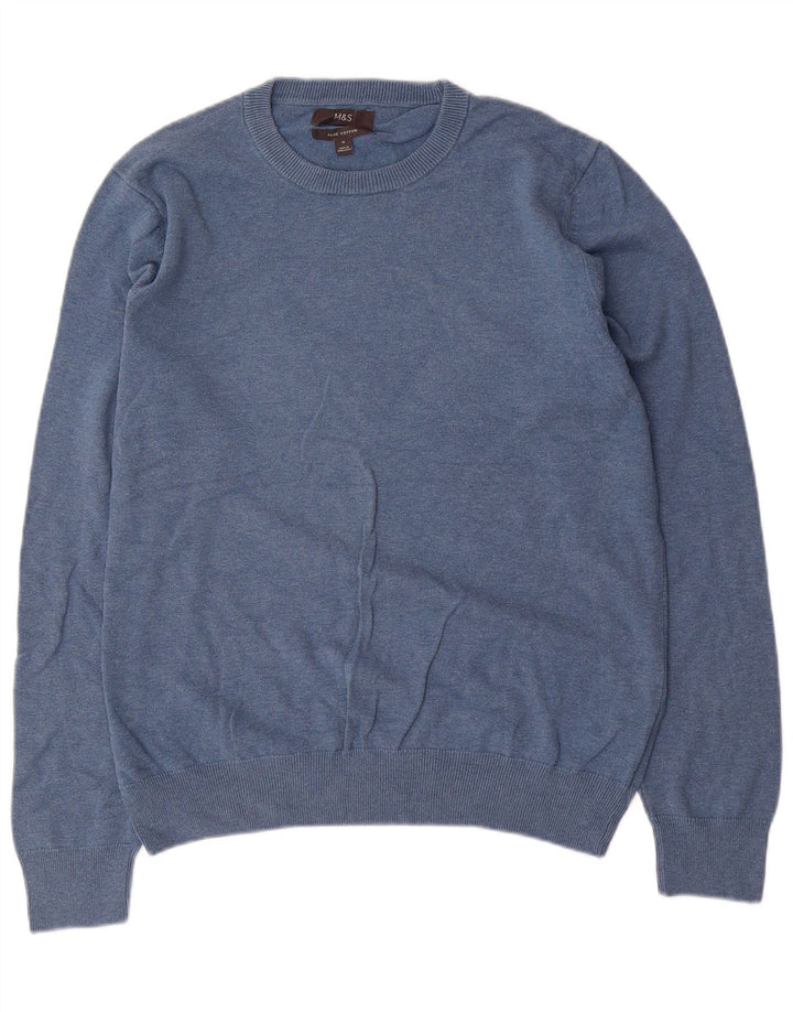Marks & Spencer Herren-Pullover mit Rundhalsausschnitt, mittelblaue Baumwolle