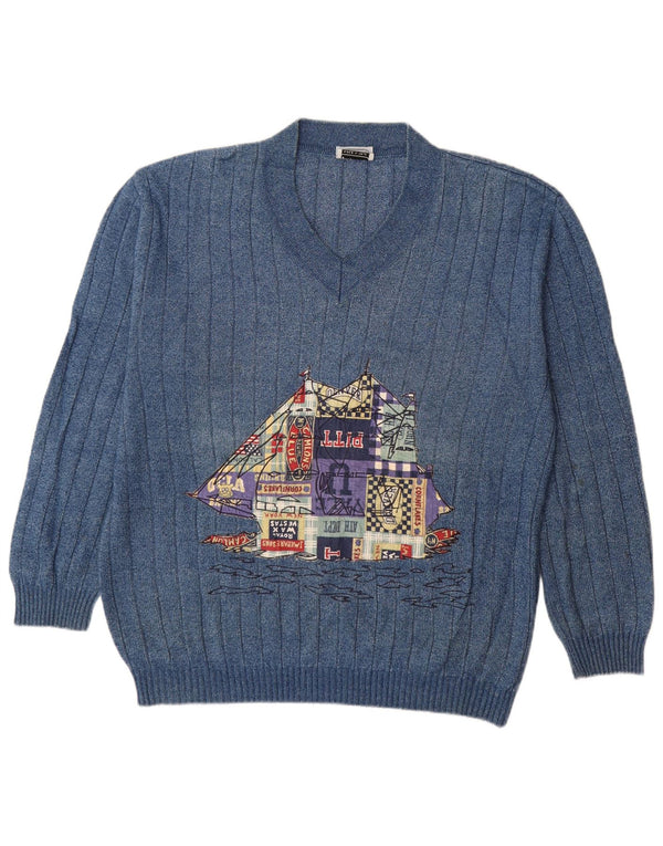 Vintage Herren Pullover mit grafischem V-Ausschnitt, XL, blau, Baumwolle, Comics