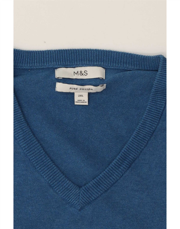 Marks & Spencer Herren-Pullover mit V-Ausschnitt, 2XL, blaue Baumwolle