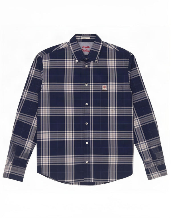 Franklin & Marshall Mens Classic Fit Shirt Large Navy Blue Check Cotton