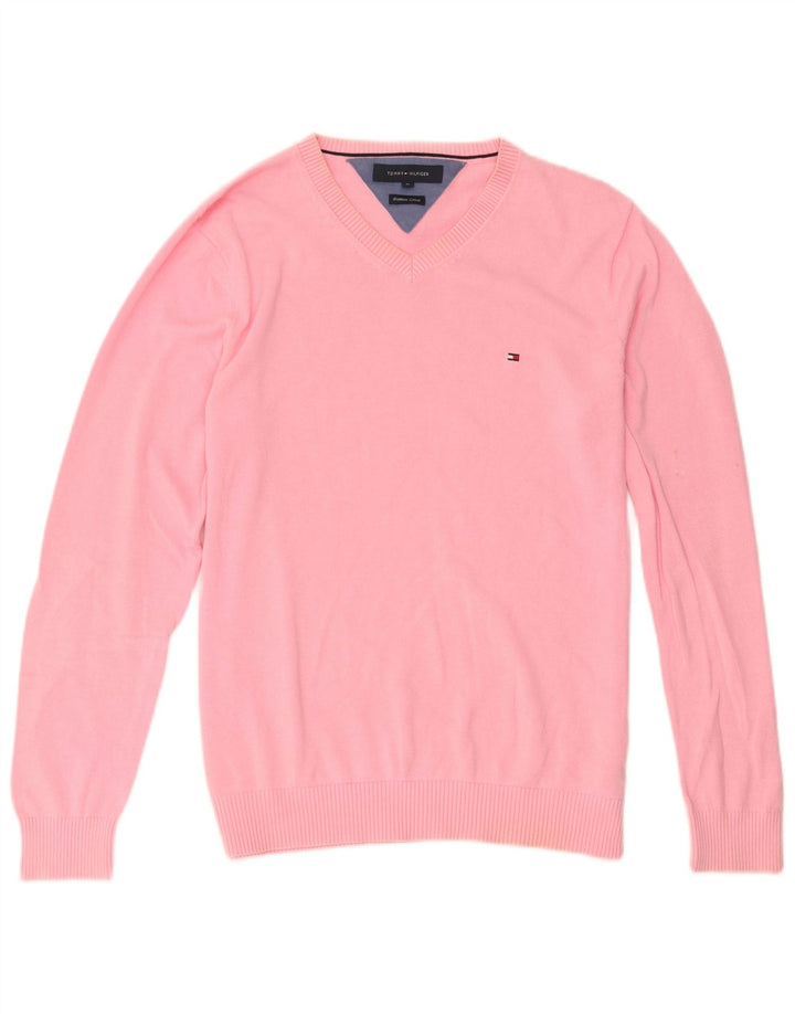 Tommy Hilfiger Herren-Pullover mit V-Ausschnitt aus mittelrosa Baumwolle