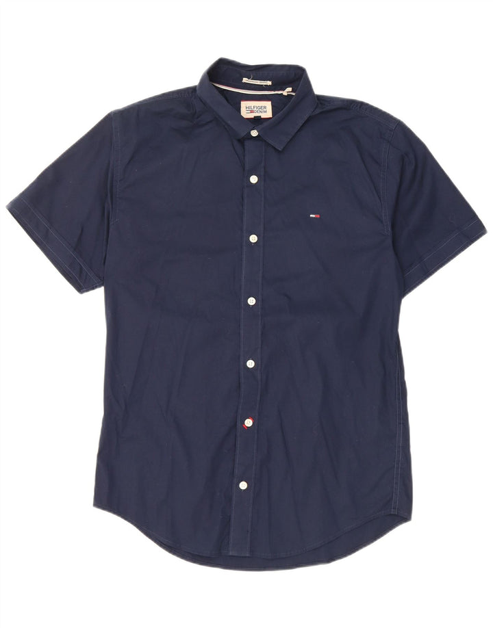 Tommy Hilfiger Herren-Kurzarmhemd, mittelmarineblaue Baumwolle
