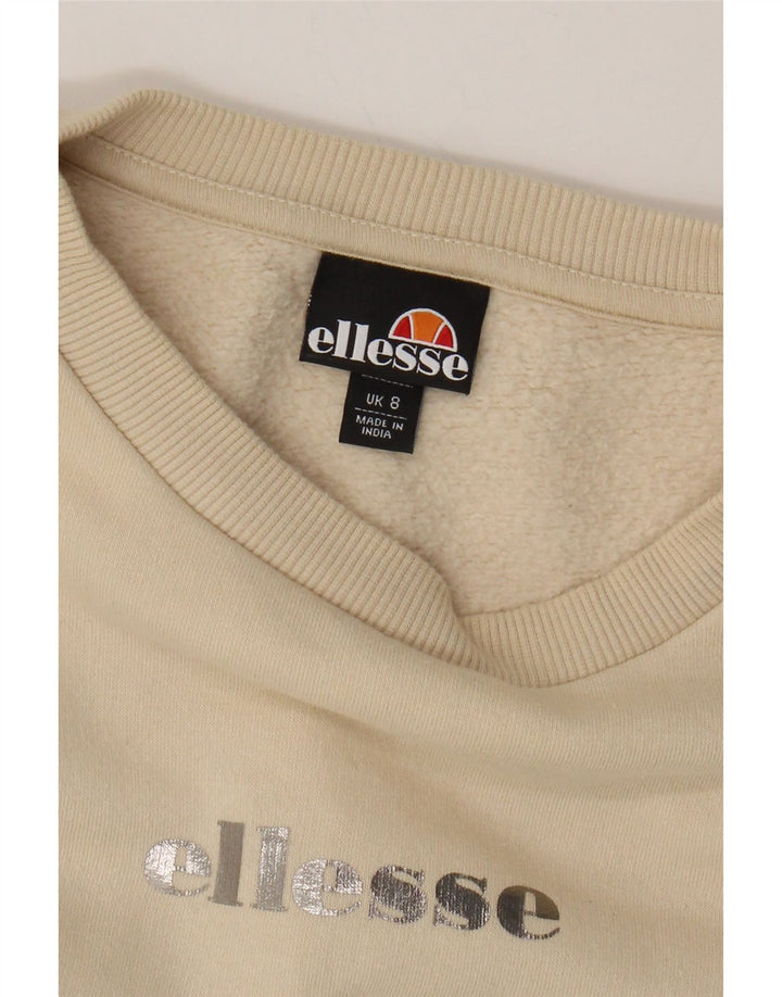 ELLESSE Womens Oversized Graphic Crop Sweatshirt Jumper UK 8 Small Beige Vintage Ellesse and Second-Hand Ellesse from Messina Hembry 