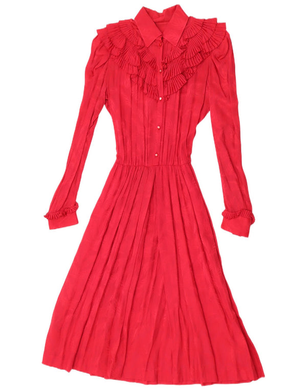 Vintage Damen Maxikleid mit langen Ärmeln und Rüschen vorne, UK 12, Mittelrot
