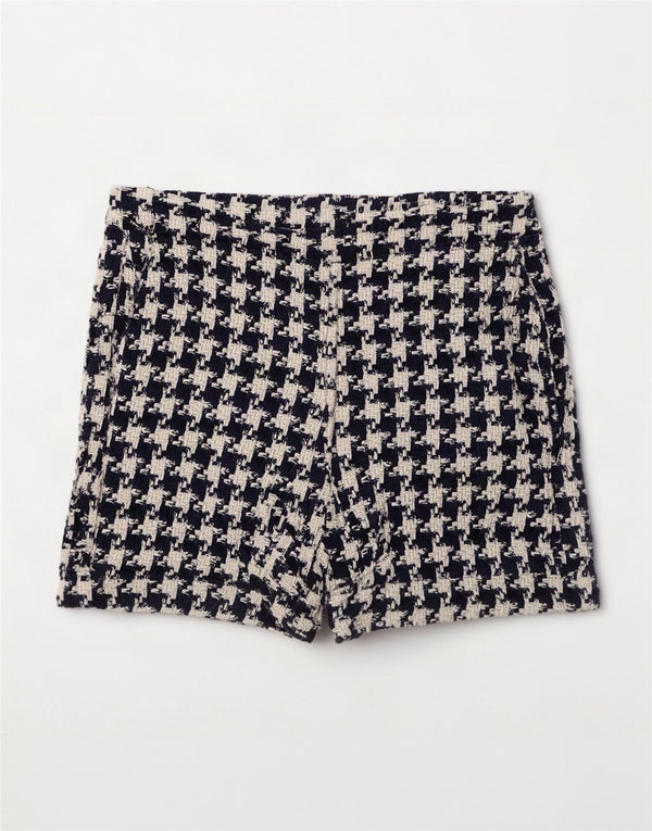 Zara Damen High Rise Casual Shorts XS W24 Marineblaue Hahnentritt-Baumwolle