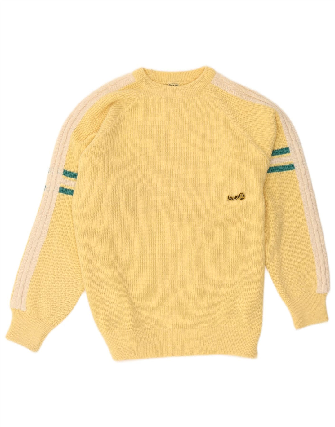 Vintage Herren-Pullover mit Rundhalsausschnitt, groß, gelb, Farbblock