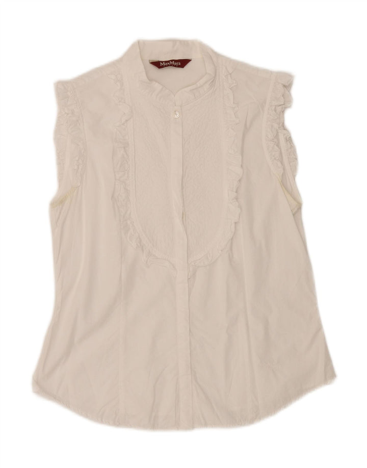 MAX MARA Womens Sleeveless Ruffle Front Shirt Blouse UK 12 Medium White Vintage Max Mara and Second-Hand Max Mara from Messina Hembry 