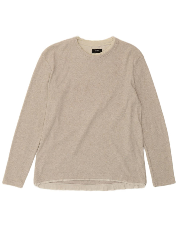 ZARA Damen Top Langarm UK 16 Large Beige Baumwolle