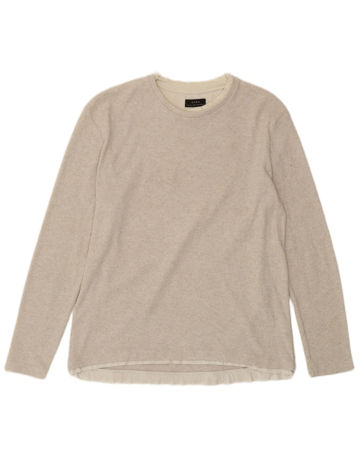 ZARA Damen Top Langarm UK 16 Large Beige Baumwolle